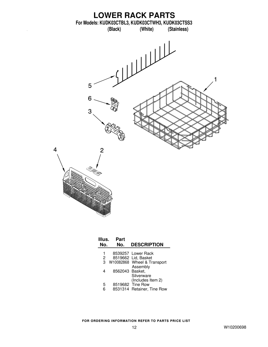 KitchenAid KUDK03CTBL3, KUDK03CTWH3, KUDK03CTSS3 manual Lower Rack Parts 