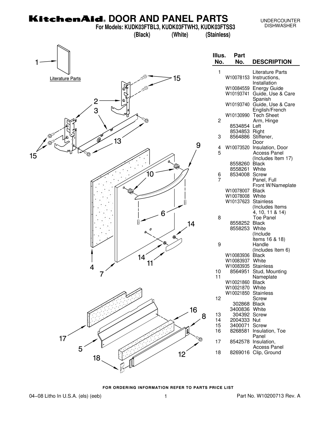 KitchenAid KUDK03FTWH3, KUDK03FTSS3, KUDK03FTBL3 manual Door and Panel Parts 