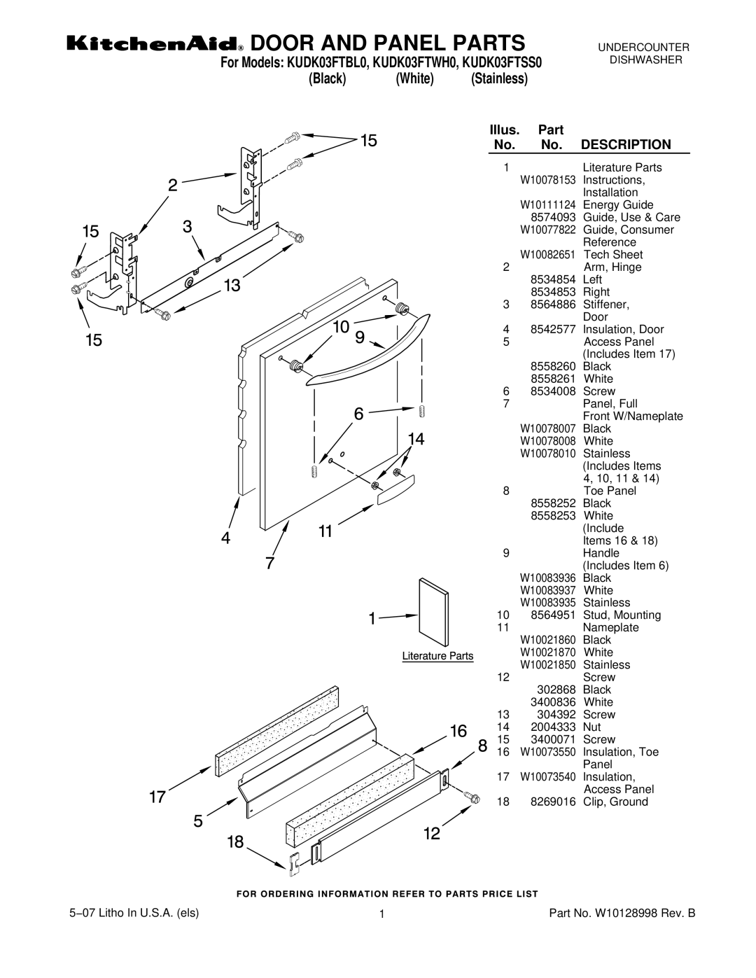 KitchenAid KUDK03FTSS0, KUDK03FTWH0, KUDK03FTBL0 manual Door and Panel Parts 