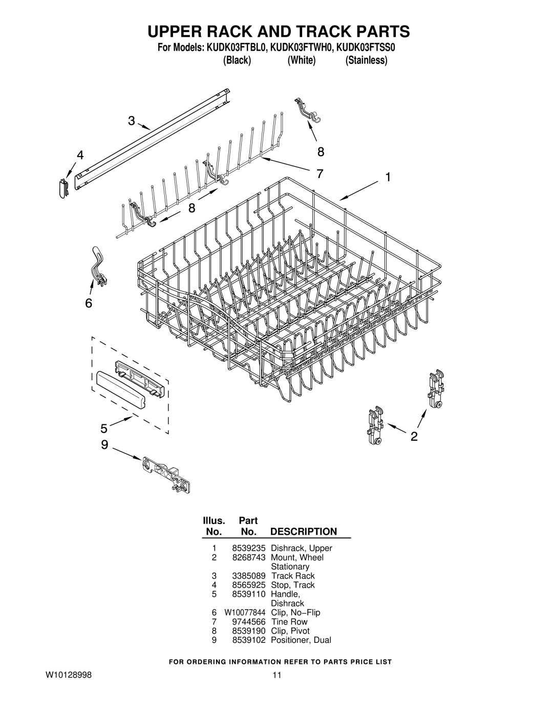 KitchenAid KUDK03FTBL0, KUDK03FTWH0, KUDK03FTSS0 manual Upper Rack and Track Parts 