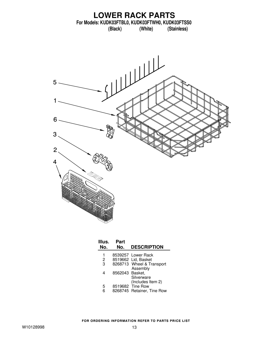 KitchenAid KUDK03FTSS0, KUDK03FTWH0, KUDK03FTBL0 manual Lower Rack Parts 