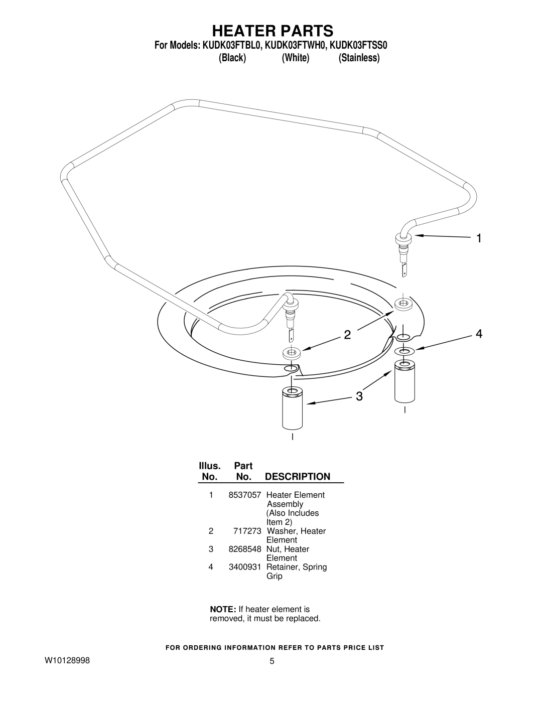 KitchenAid KUDK03FTBL0, KUDK03FTWH0, KUDK03FTSS0 manual Heater Parts 