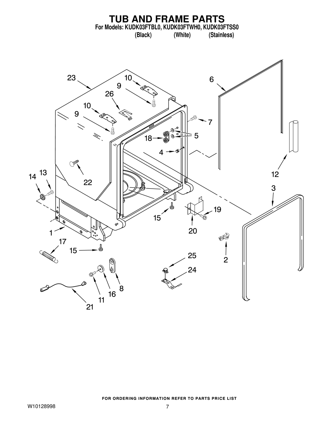 KitchenAid KUDK03FTSS0, KUDK03FTWH0, KUDK03FTBL0 manual TUB and Frame Parts 