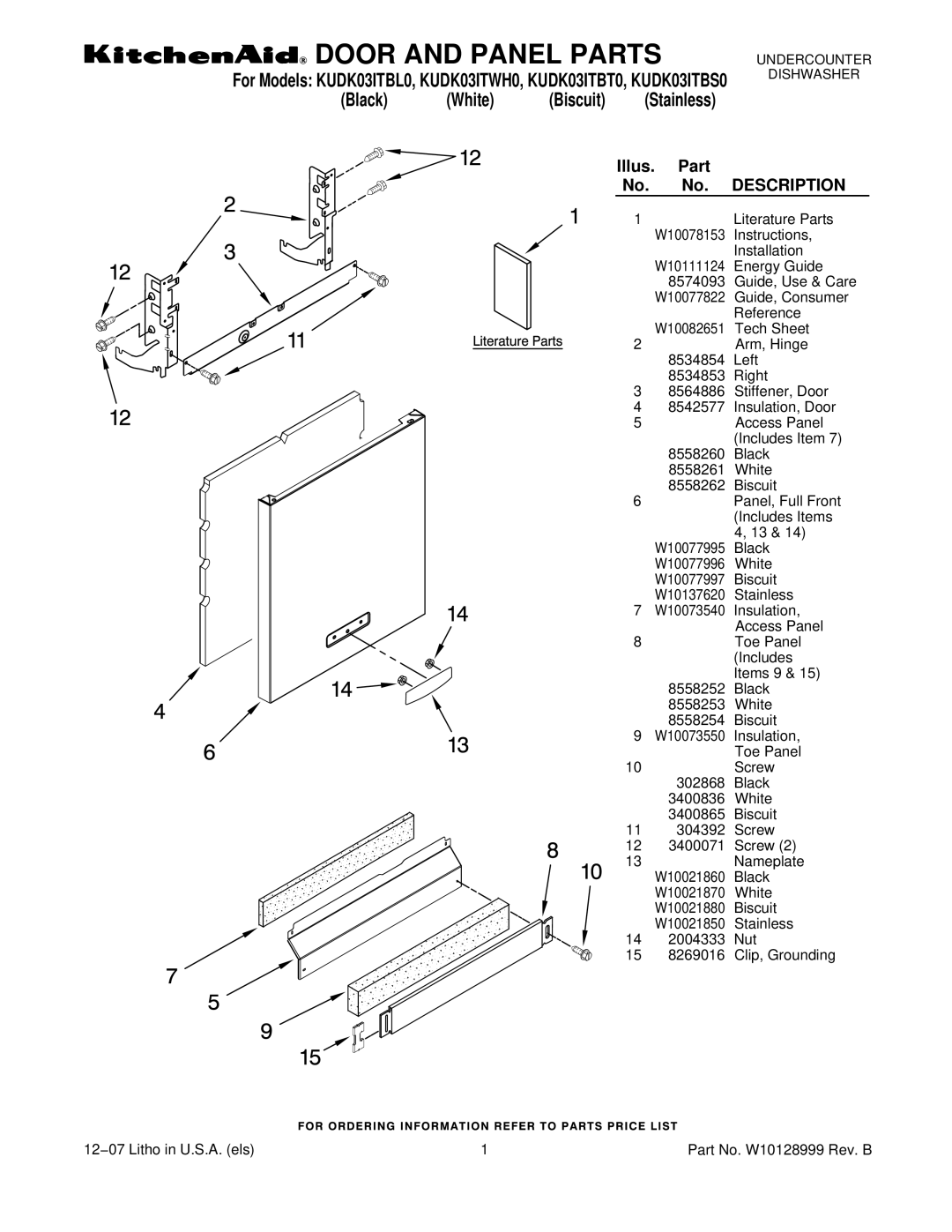 KitchenAid KUDK03ITBT0, KUDK03ITBL0, KUDK03ITWH0, KUDK03ITBS0 manual Door and Panel Parts 