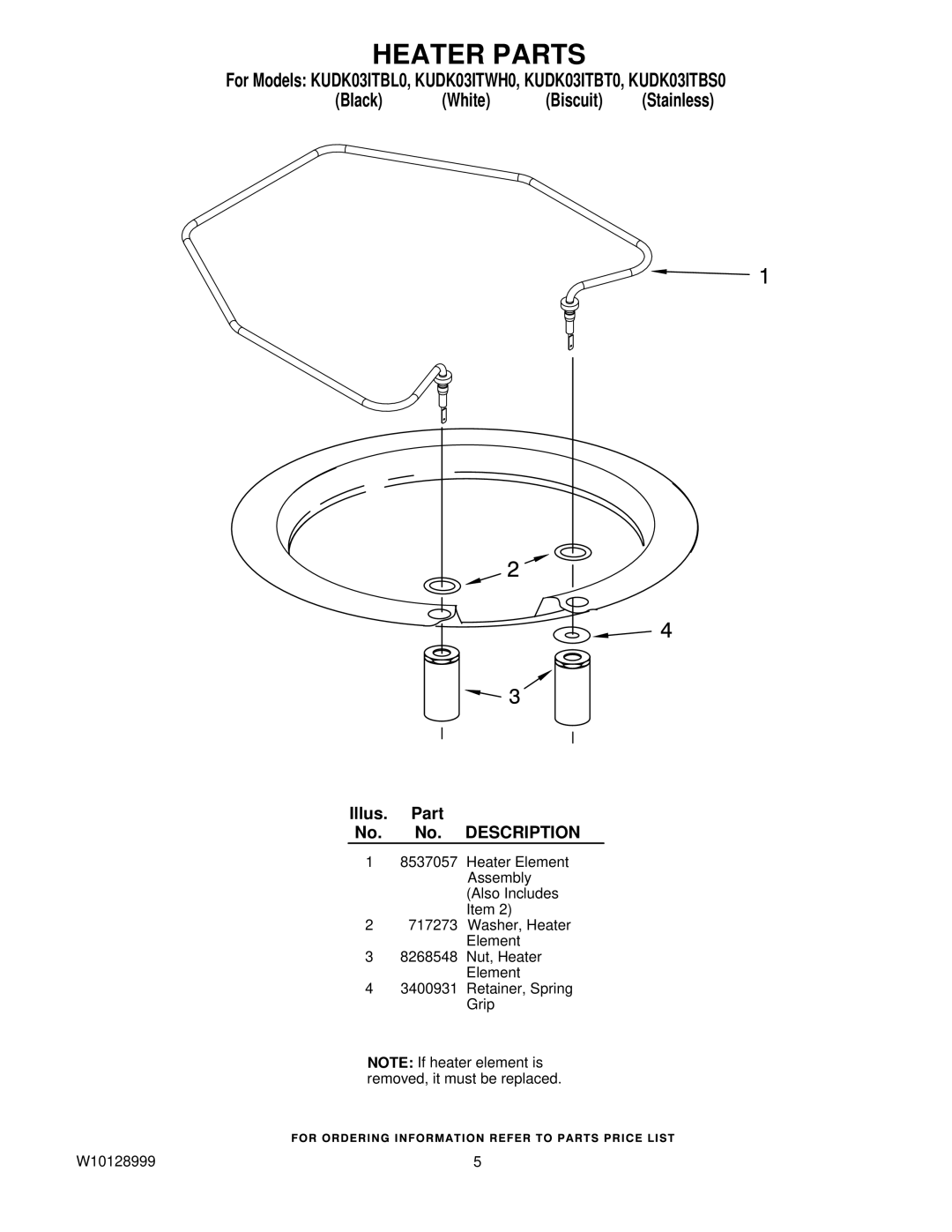 KitchenAid KUDK03ITBT0, KUDK03ITBL0, KUDK03ITWH0, KUDK03ITBS0 manual Heater Parts 