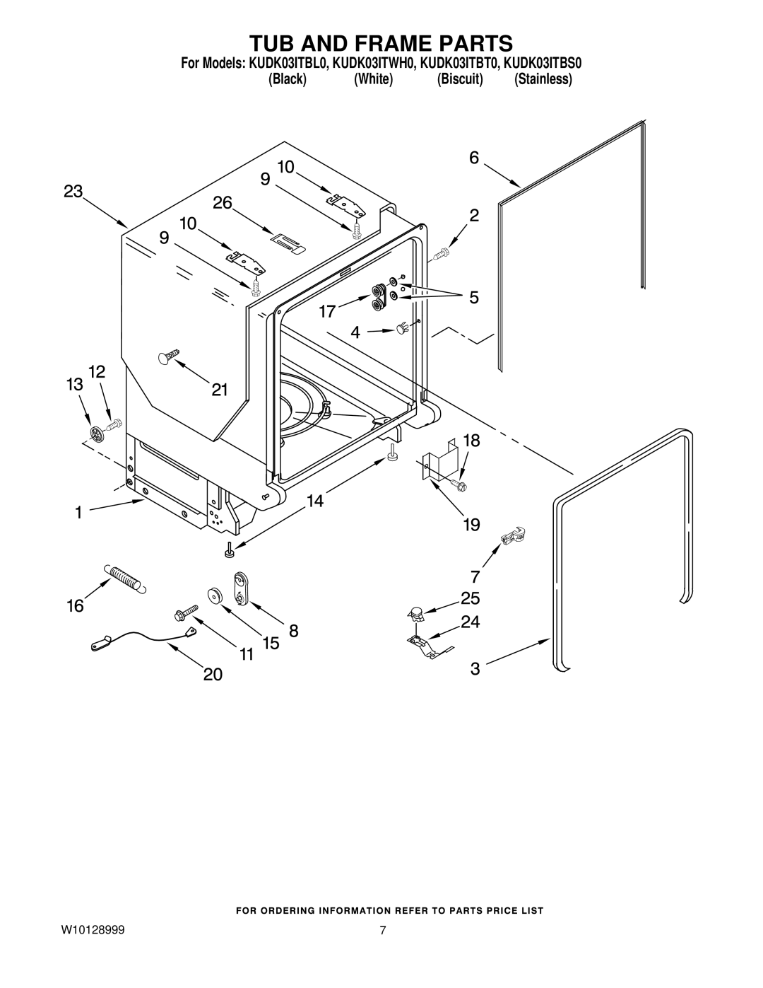 KitchenAid KUDK03ITBS0, KUDK03ITBL0, KUDK03ITBT0, KUDK03ITWH0 manual TUB and Frame Parts 