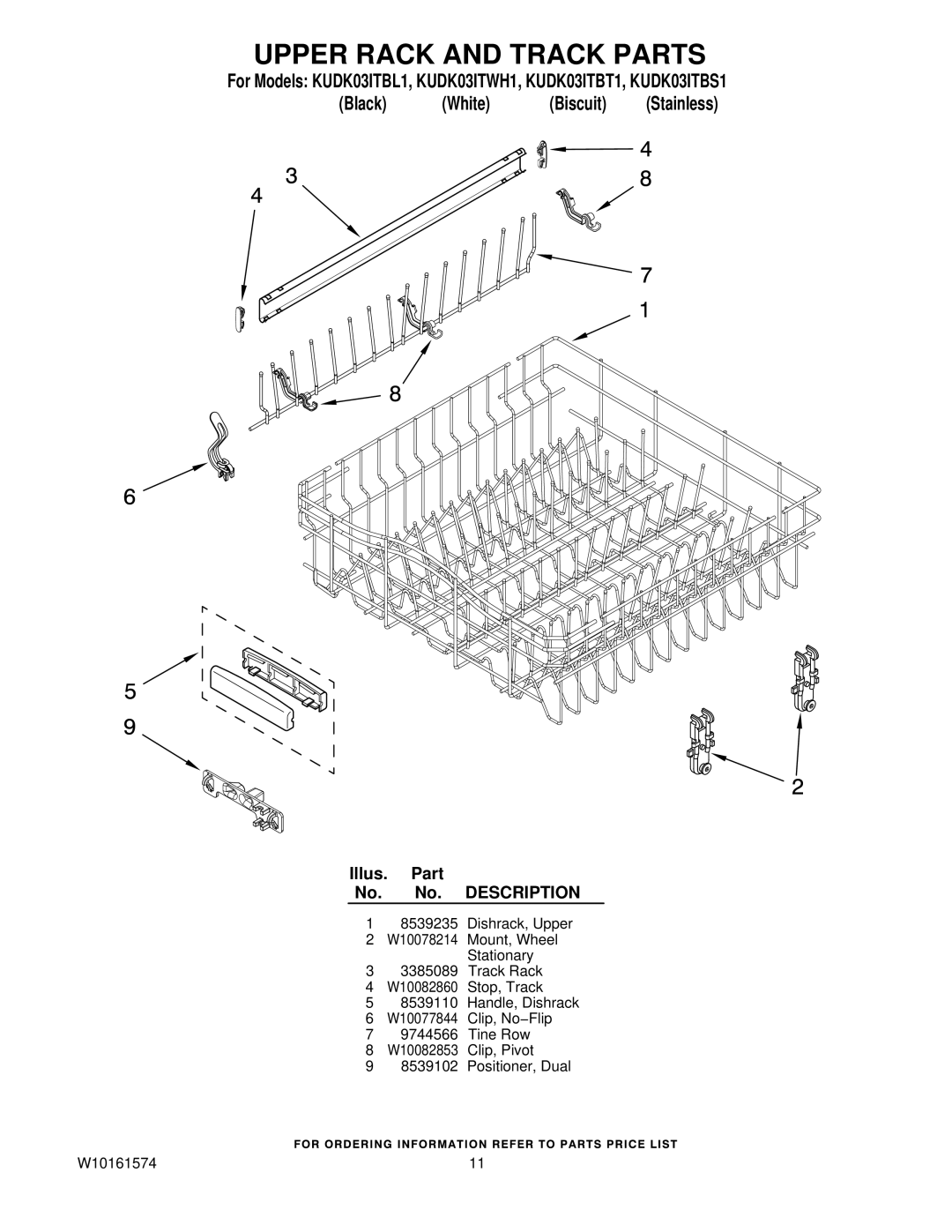 KitchenAid KUDK03ITBS1, KUDK03ITBL1, KUDK03ITWH1, KUDK03ITBT1 manual Upper Rack and Track Parts 