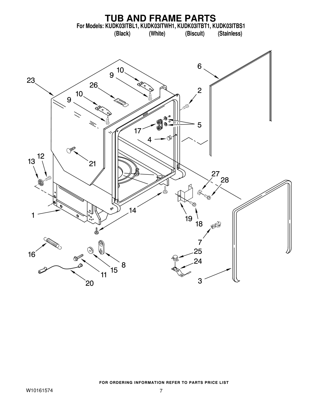 KitchenAid KUDK03ITBS1, KUDK03ITBL1, KUDK03ITWH1, KUDK03ITBT1 manual TUB and Frame Parts 