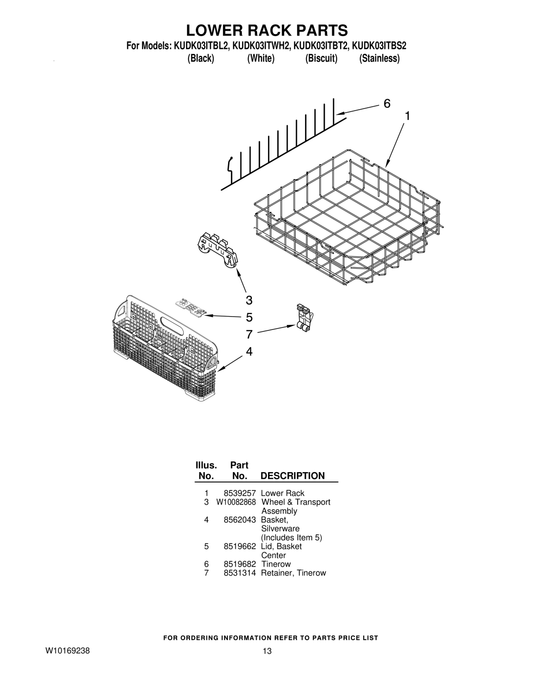 KitchenAid KUDK03ITBL2, KUDK03ITBT2, KUDK03ITWH2, KUDK03ITBS2 manual Lower Rack Parts 