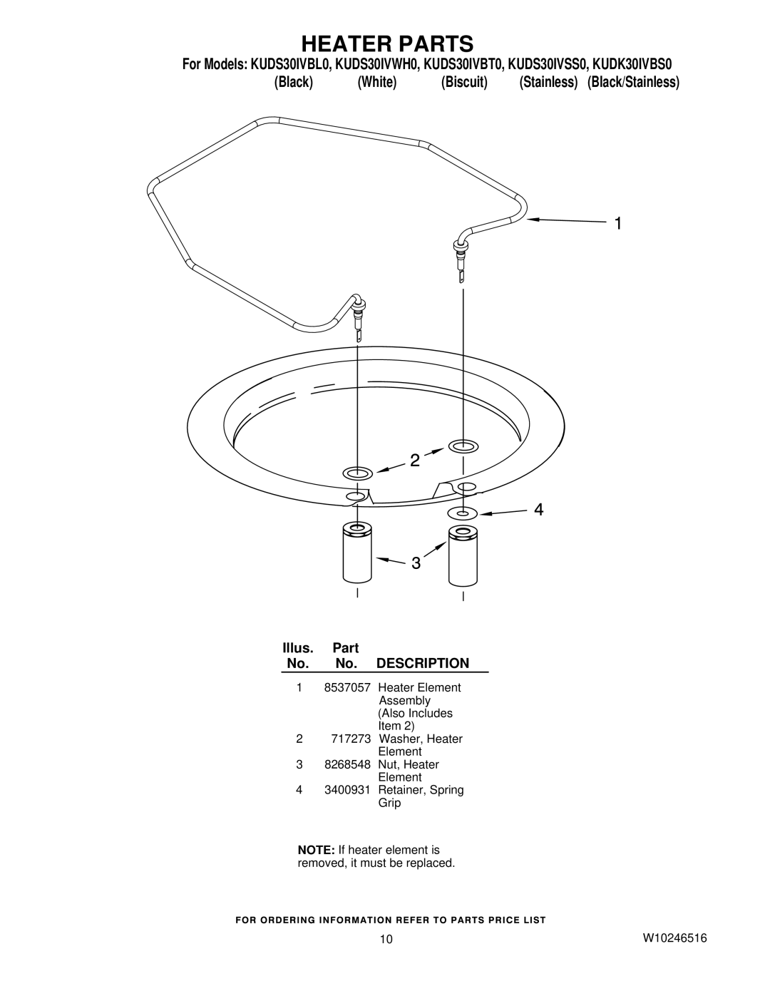 KitchenAid KUDK30IVBS0, KUDS30IVBL0, KUDS30IVBT0, KUDS30IVWH0, KUDS30IVSS0 manual Heater Parts, Black White Biscuit 