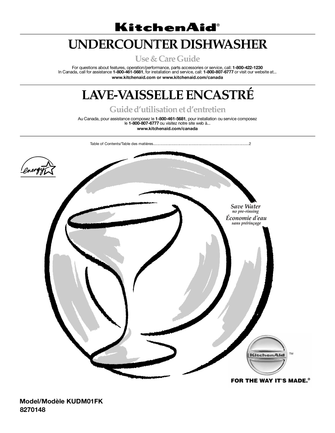 KitchenAid KUDM01FK manual Undercounter Dishwasher, LAVE-VAISSELLE Encastré, Use & Care Guide 