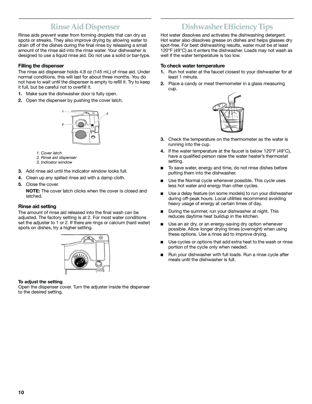 KitchenAid KUDM01FK manual Rinse Aid Dispenser, Dishwasher Efficiency Tips, Rinse aid setting, To check water temperature 