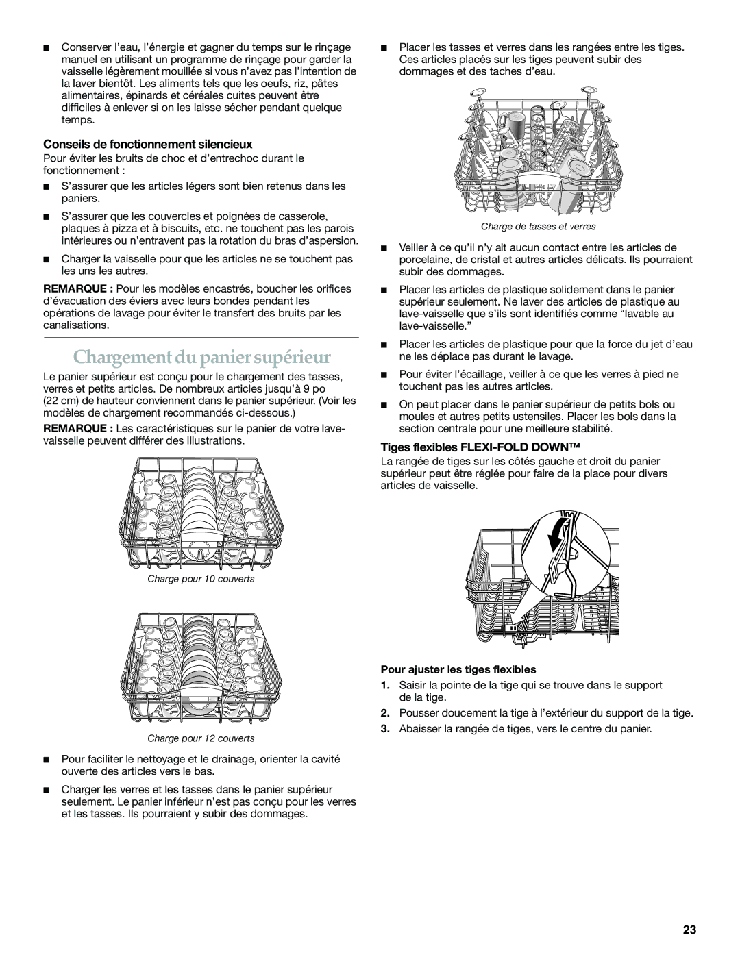 KitchenAid KUDM01FK Chargement du panier supérieur, Conseils de fonctionnement silencieux, Tiges flexibles FLEXI-FOLD Down 