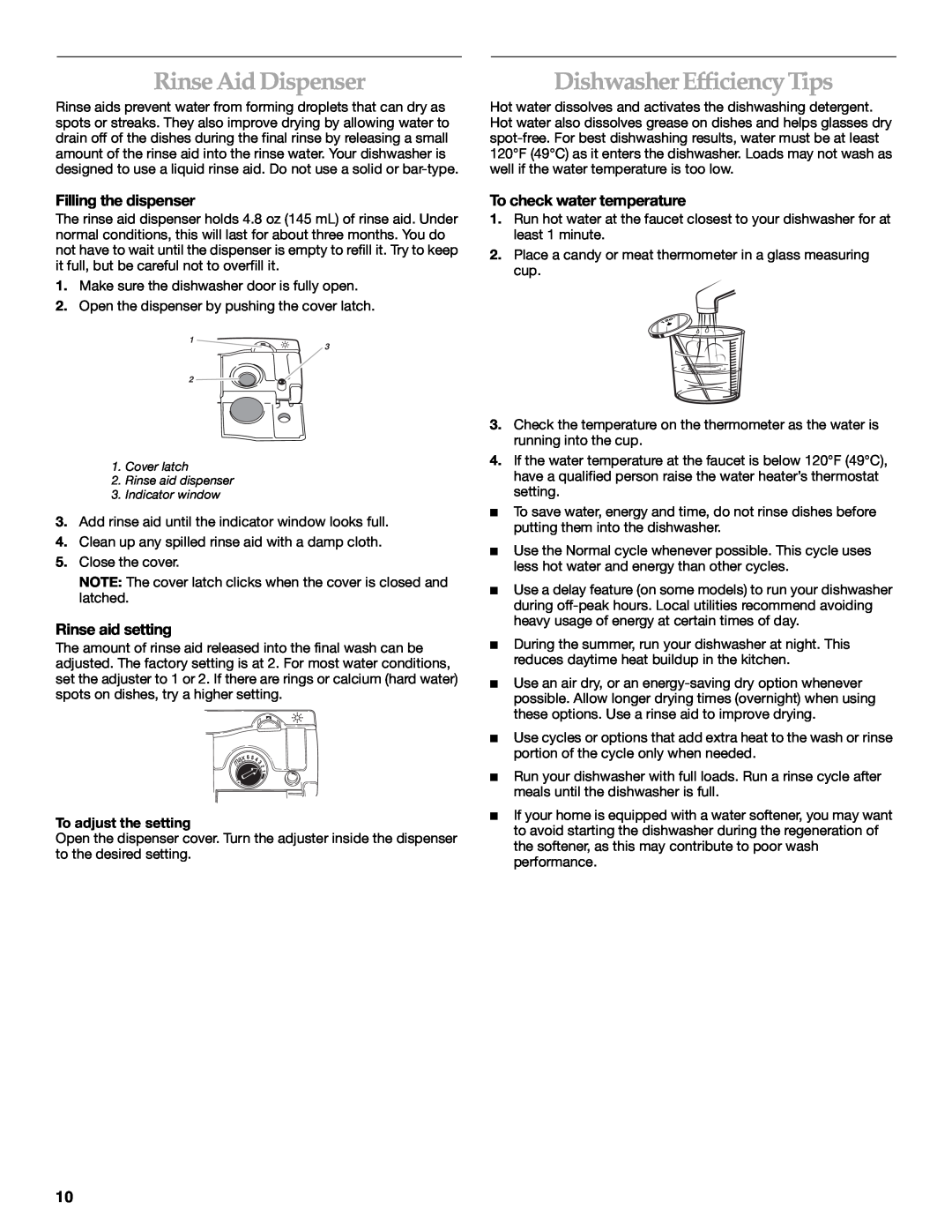 KitchenAid KUDM01TJ manual Rinse Aid Dispenser, Dishwasher Efficiency Tips, Rinse aid setting, To check water temperature 