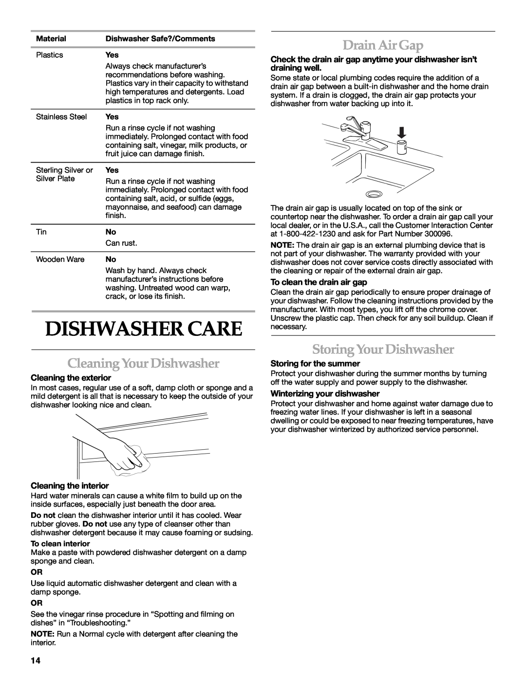 KitchenAid KUDM01TJ manual Dishwasher Care, Cleaning Your Dishwasher, Drain Air Gap, Storing Your Dishwasher 