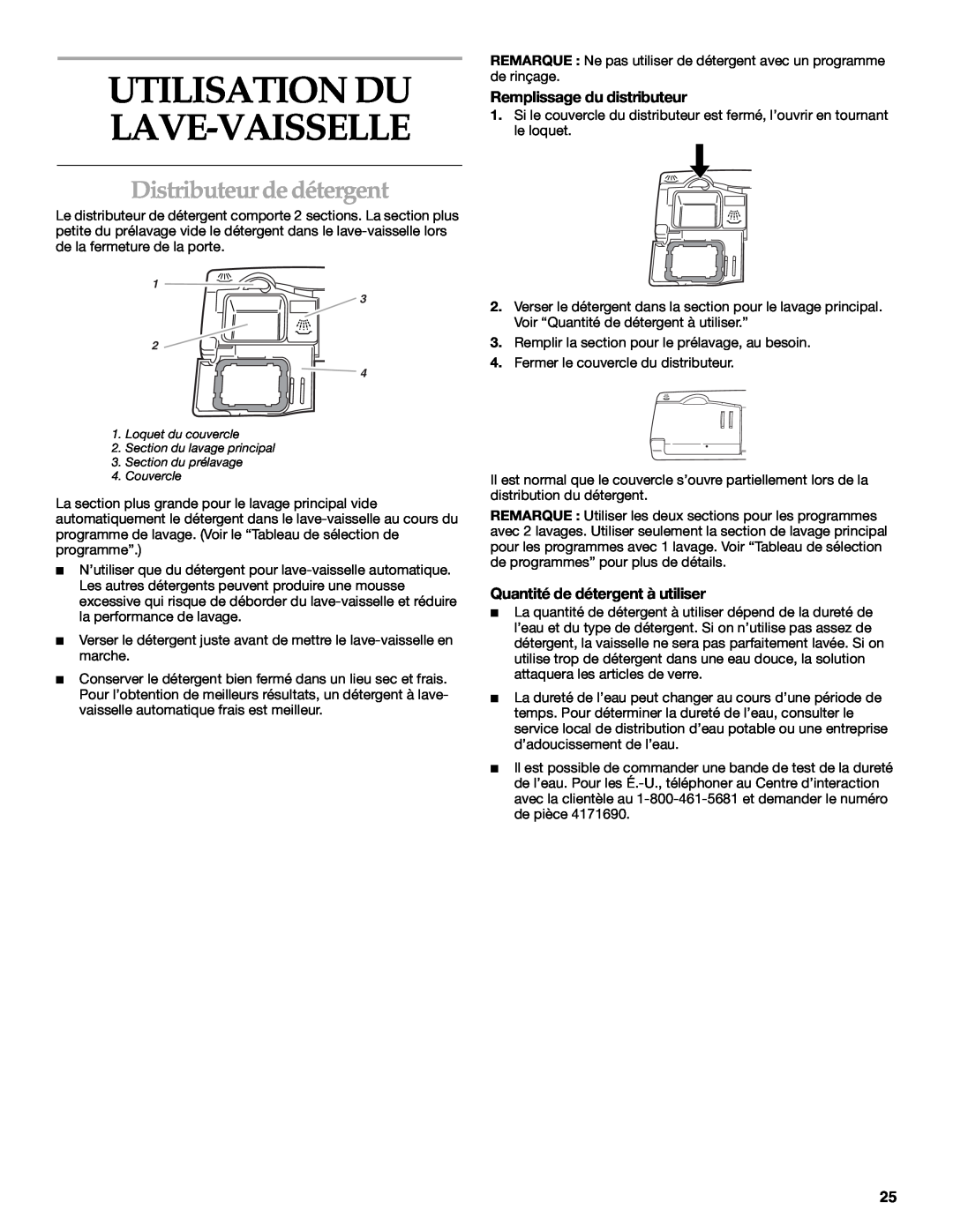 KitchenAid KUDM01TJ manual Distributeur de détergent, Remplissage du distributeur, Quantité de détergent à utiliser 