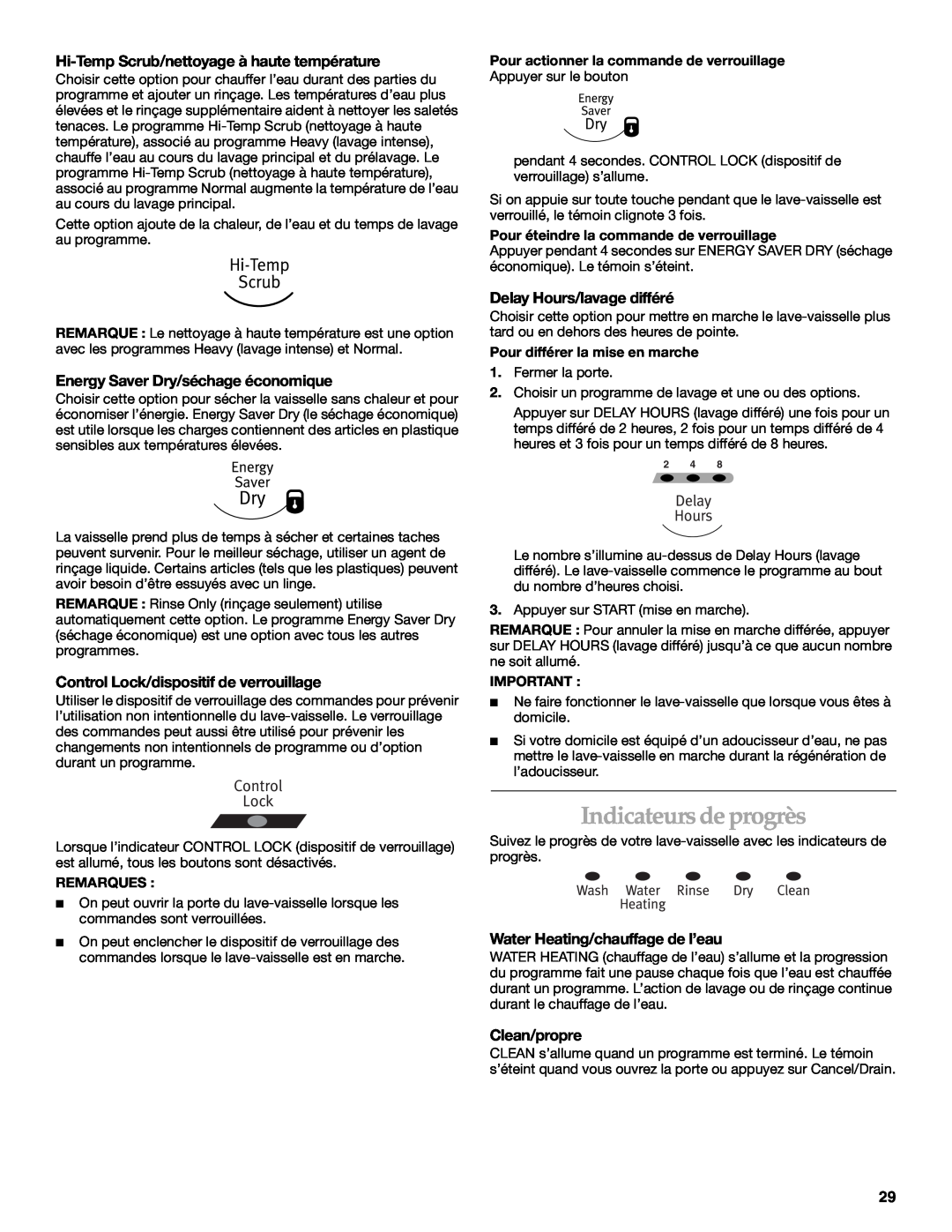 KitchenAid KUDM01TJ manual Indicateurs de progrès, Hi-Temp Scrub/nettoyage à haute température, Delay Hours/lavage différé 