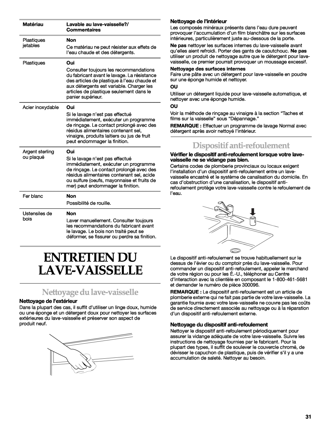 KitchenAid KUDM01TJ manual Entretien Du Lave-Vaisselle, Nettoyage du lave-vaisselle, Dispositif anti-refoulement 