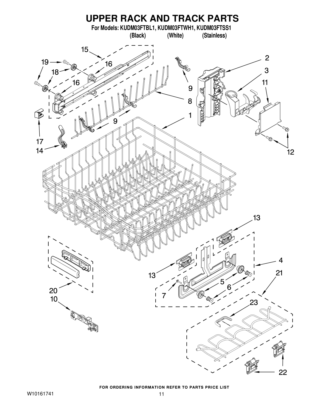 KitchenAid KUDM03FTSS1, KUDM03FTBL1, KUDM03FTWH1 manual Upper Rack and Track Parts 