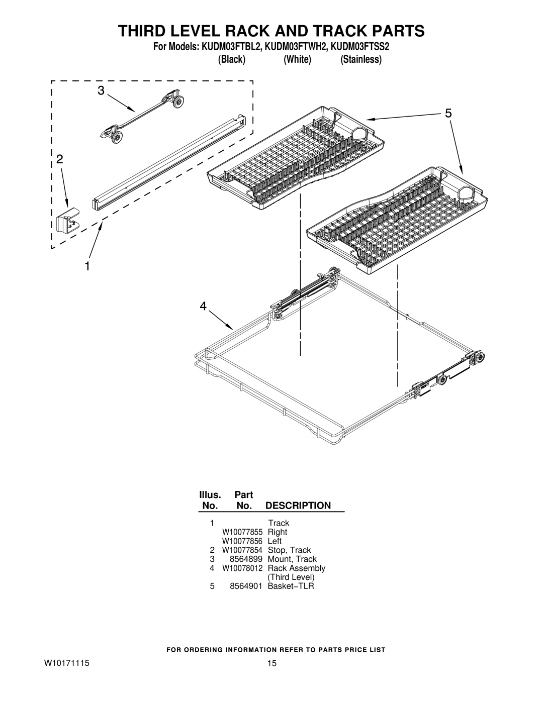 KitchenAid KUDM03FTSS2, KUDM03FTBL2, KUDM03FTWH2 manual Third Level Rack and Track Parts 