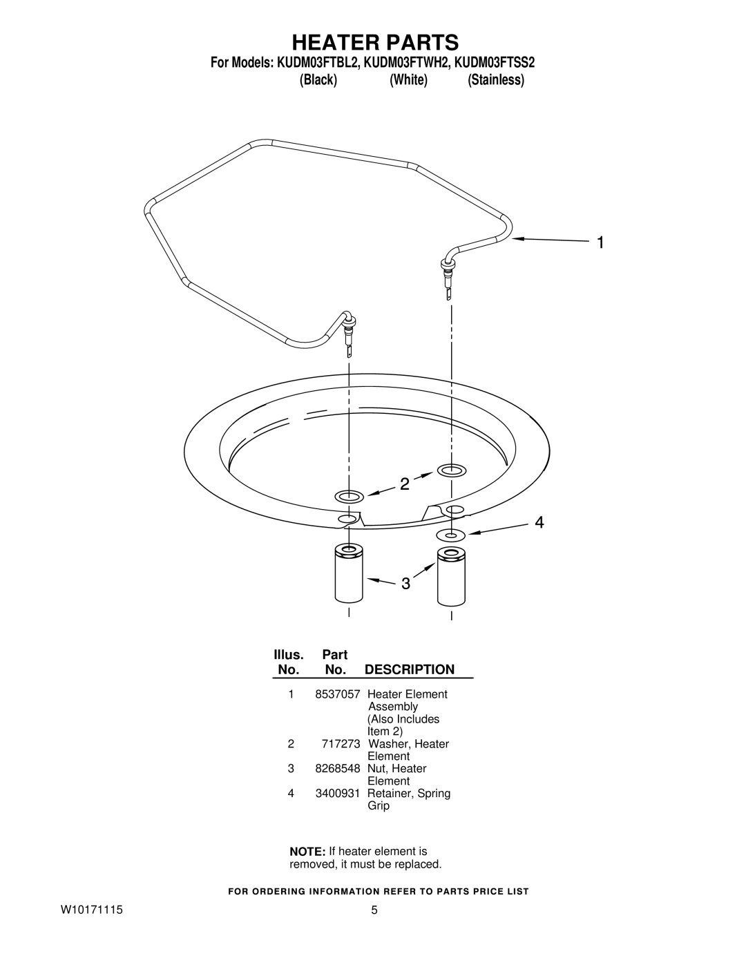 KitchenAid KUDM03FTWH2, KUDM03FTSS2, KUDM03FTBL2 manual Heater Parts 