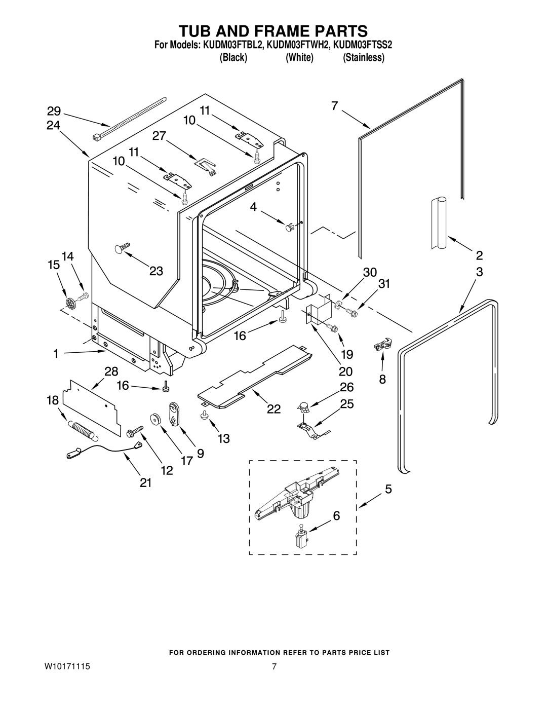 KitchenAid KUDM03FTBL2, KUDM03FTSS2, KUDM03FTWH2 manual TUB and Frame Parts 