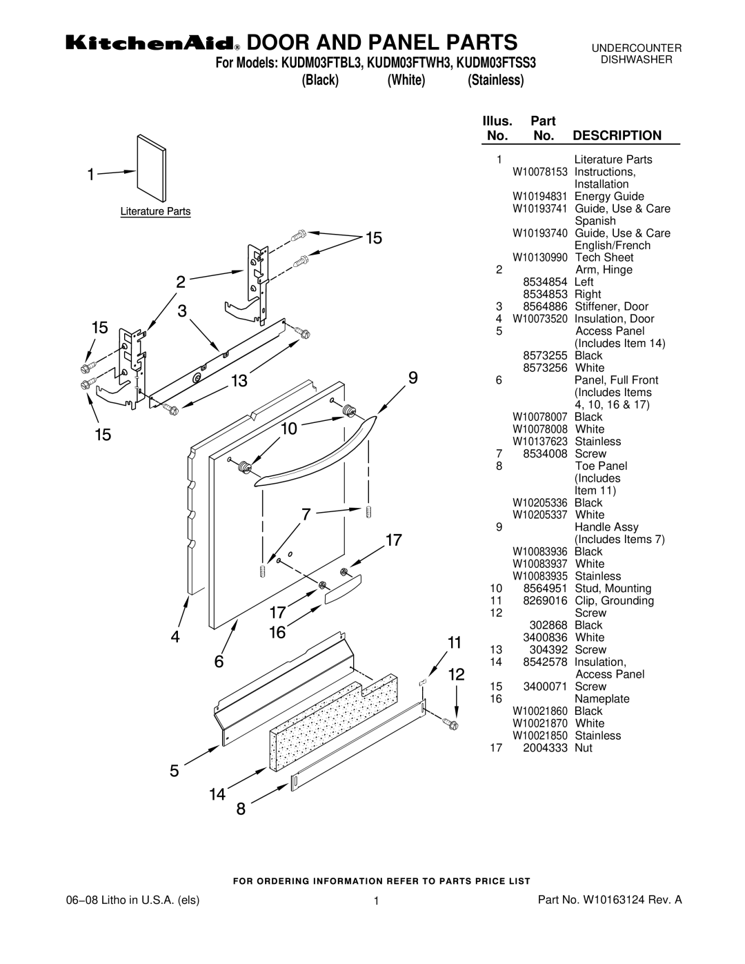 KitchenAid KUDM03FTBL3, KUDM03FTSS3, KUDM03FTWH3 manual Door and Panel Parts 