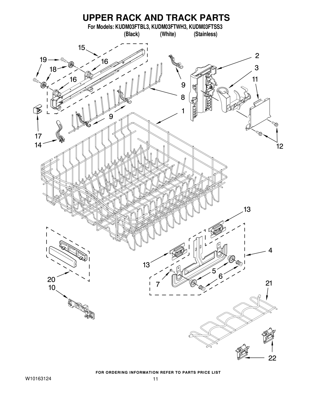 KitchenAid KUDM03FTWH3, KUDM03FTSS3, KUDM03FTBL3 manual Upper Rack and Track Parts 