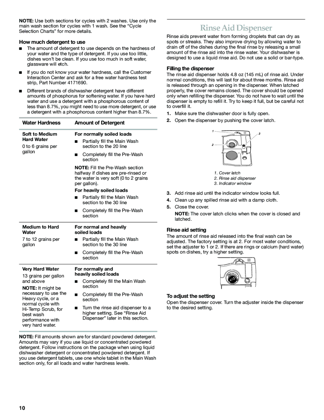 KitchenAid KUDP01DL manual Rinse Aid Dispenser, How much detergent to use, Water Hardness, Rinse aid setting 