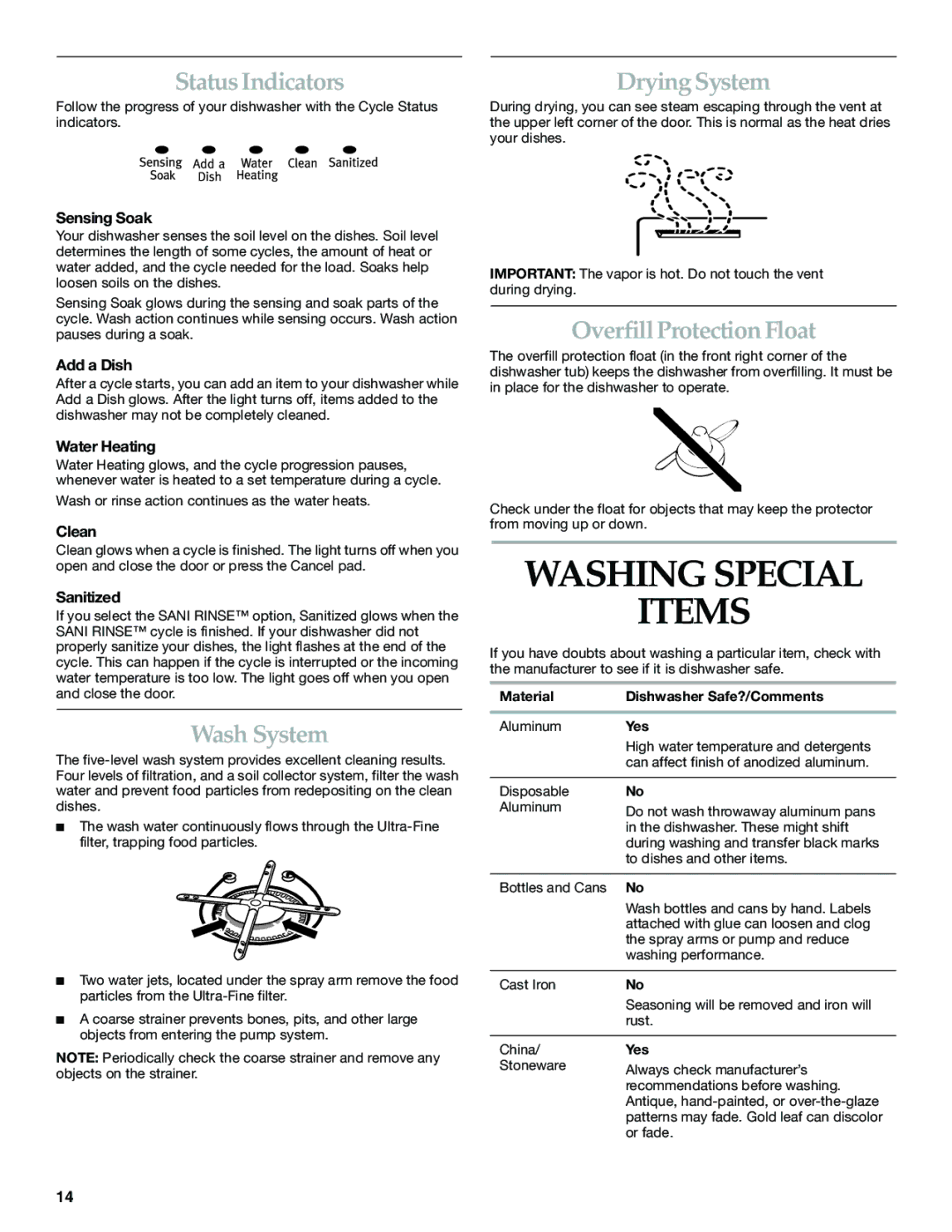 KitchenAid KUDP01DL manual Washing Special Items, Status Indicators, Wash System, Drying System, Overfill Protection Float 