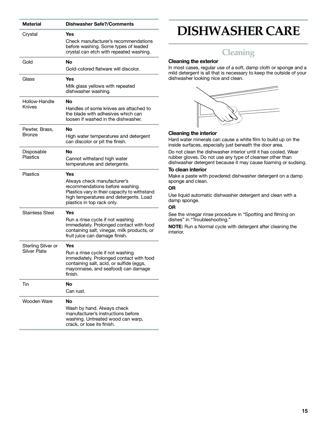 KitchenAid KUDP01DL manual Dishwasher Care, Cleaning the exterior, Cleaning the interior, To clean interior 