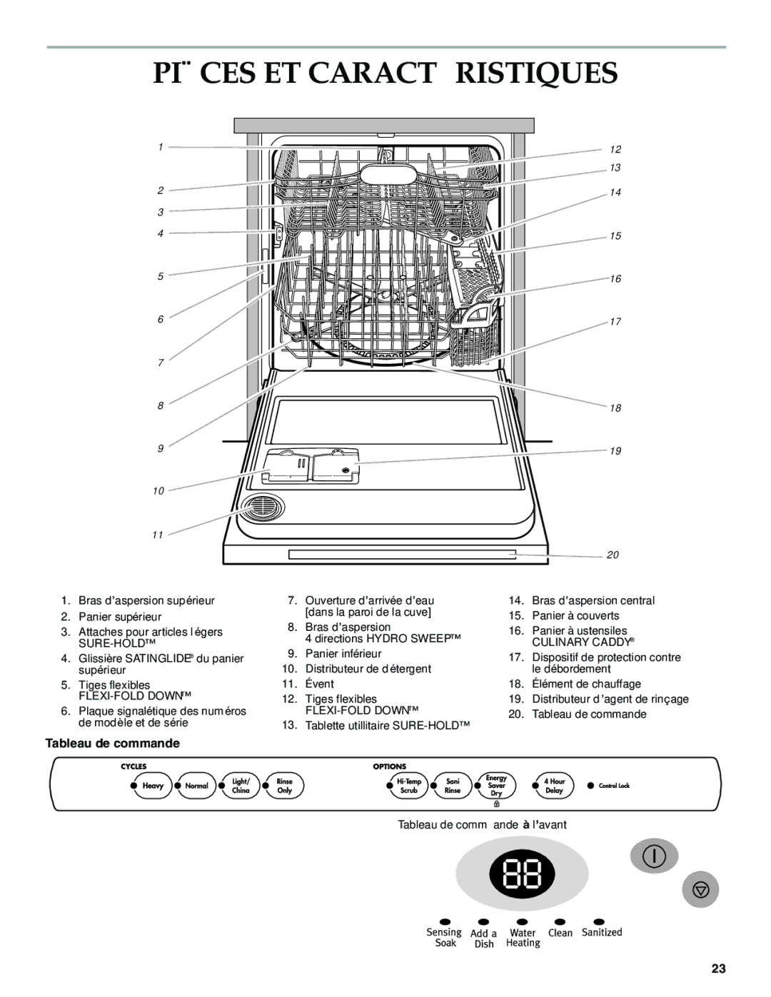 KitchenAid KUDP01DL manual Pièces ET Caractéristiques, Tableau de commande à l’avant 