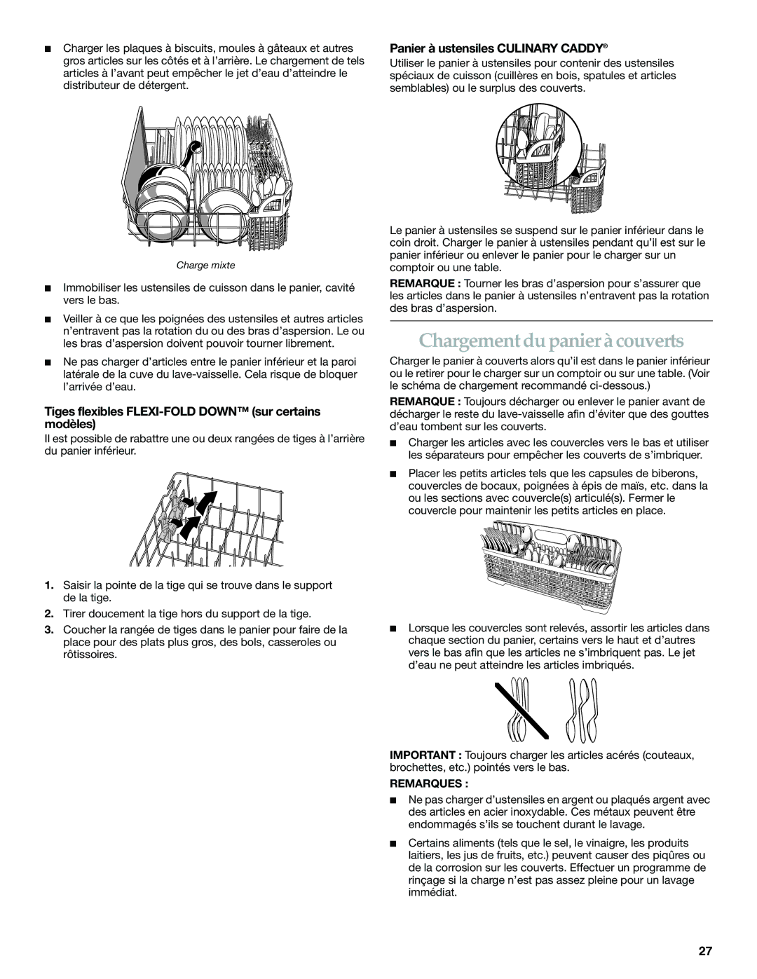 KitchenAid KUDP01DL manual Chargement du panier à couverts, Tiges flexibles FLEXI-FOLD Down sur certains modèles 