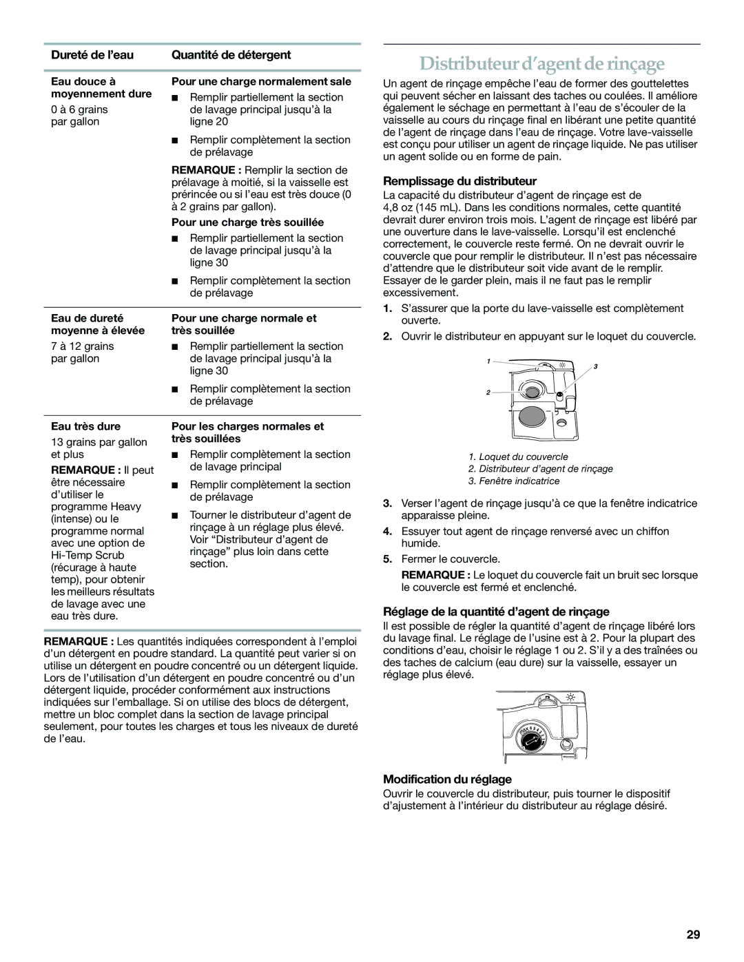 KitchenAid KUDP01DL manual Distributeur d’agent de rinçage, Dureté de l’eau Quantité de détergent, Modification du réglage 