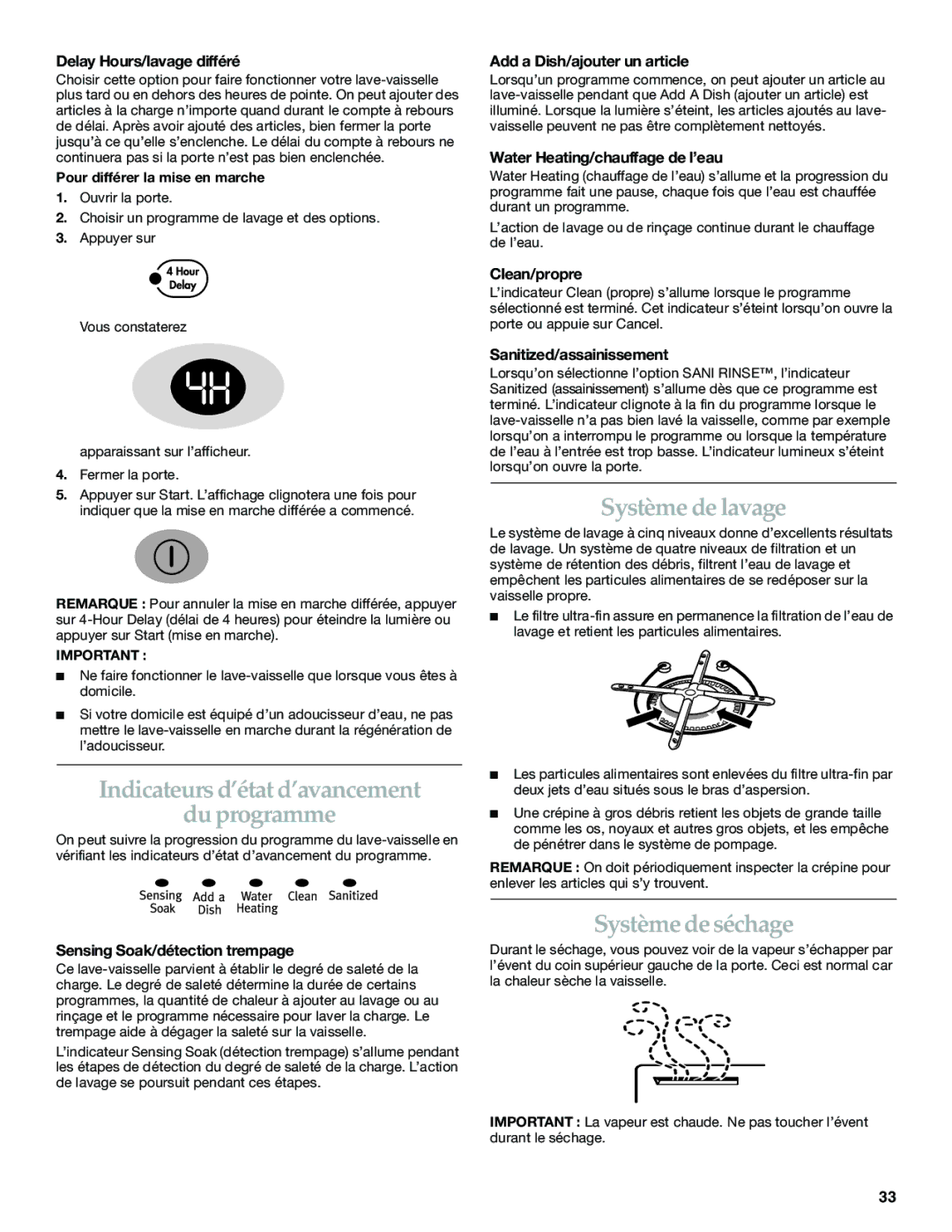 KitchenAid KUDP01DL manual Indicateurs d’état d’avancement Du programme, Système de lavage, Système de séchage 