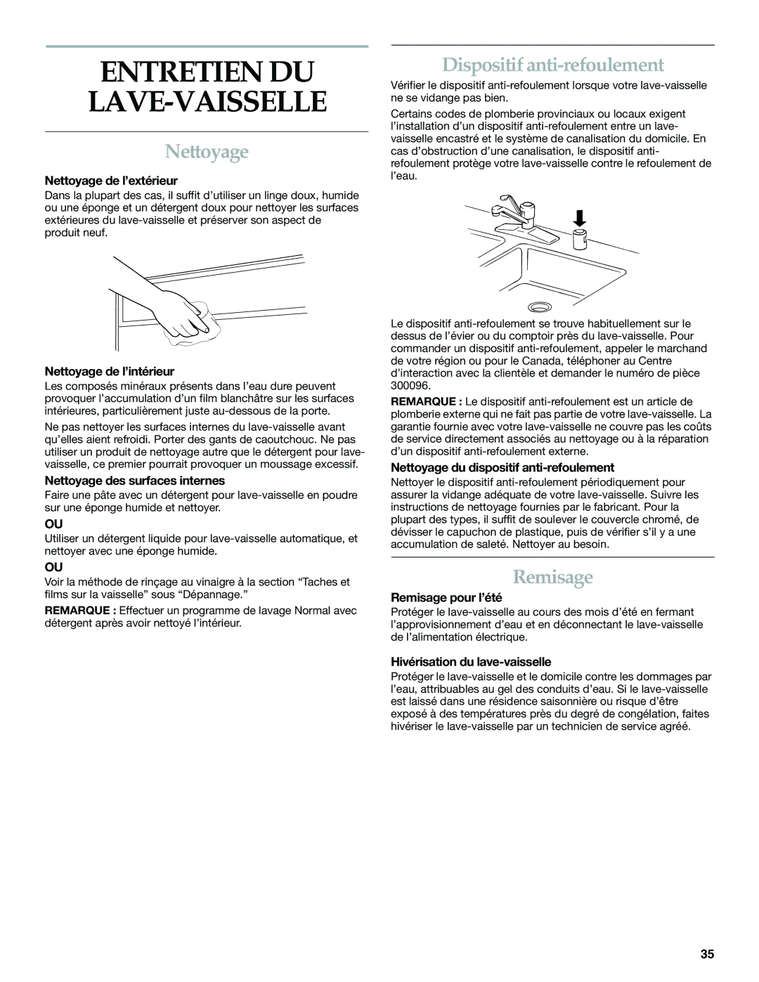 KitchenAid KUDP01DL manual Entretien DU LAVE-VAISSELLE, Nettoyage, Dispositif anti-refoulement, Remisage 