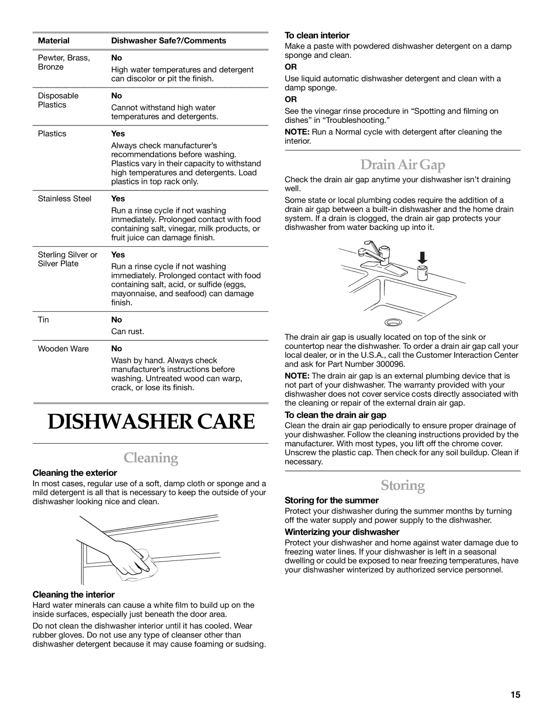 KitchenAid KUDP01FL manual Dishwasher Care, Cleaning, Drain Air Gap, Storing 