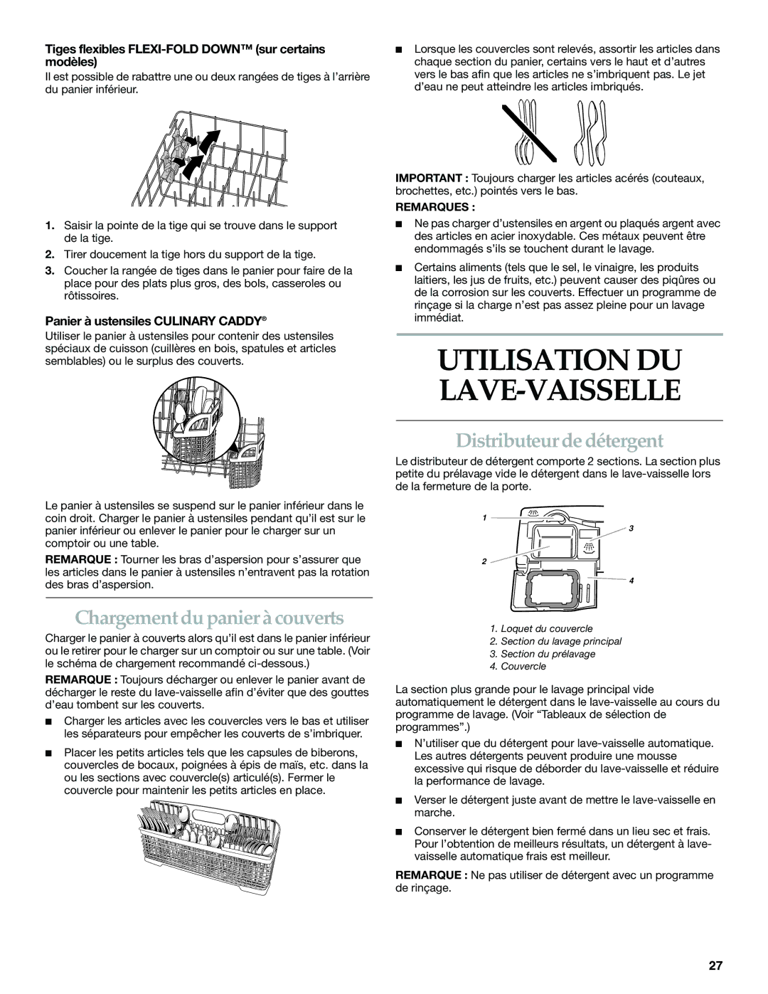 KitchenAid KUDP01FL manual Distributeur de détergent, Chargement du panier à couverts, Panier à ustensiles Culinary Caddy 