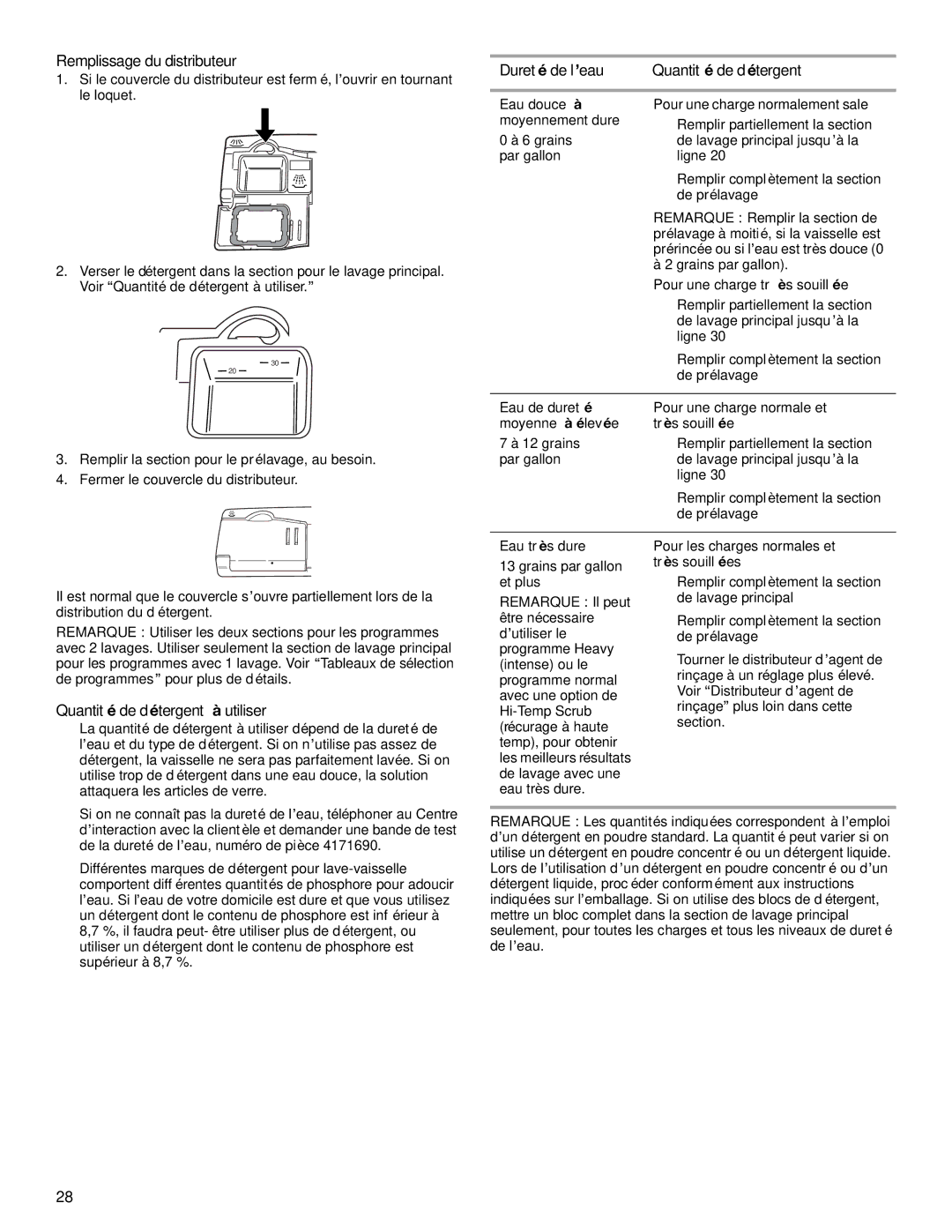 KitchenAid KUDP01FL Remplissage du distributeur, Dureté de l’eau Quantité de détergent, Quantité de détergent à utiliser 