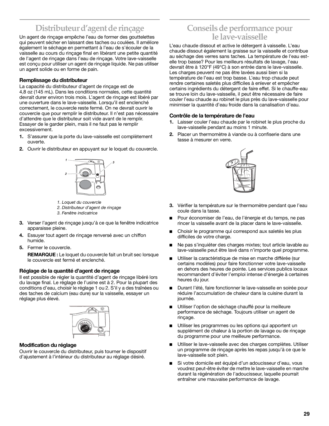 KitchenAid KUDP01FL manual Distributeur d’agent de rinçage, Conseils de performance pour Le lave-vaisselle 