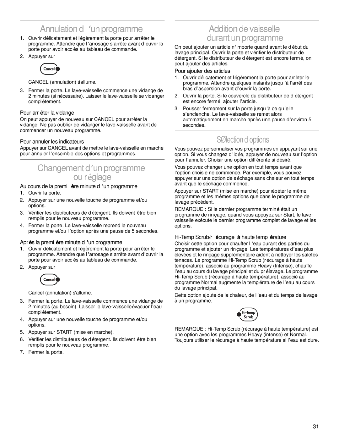 KitchenAid KUDP01FL manual Annulation d’un programme, Changement d’un programme Ou réglage, Sélection d’options 