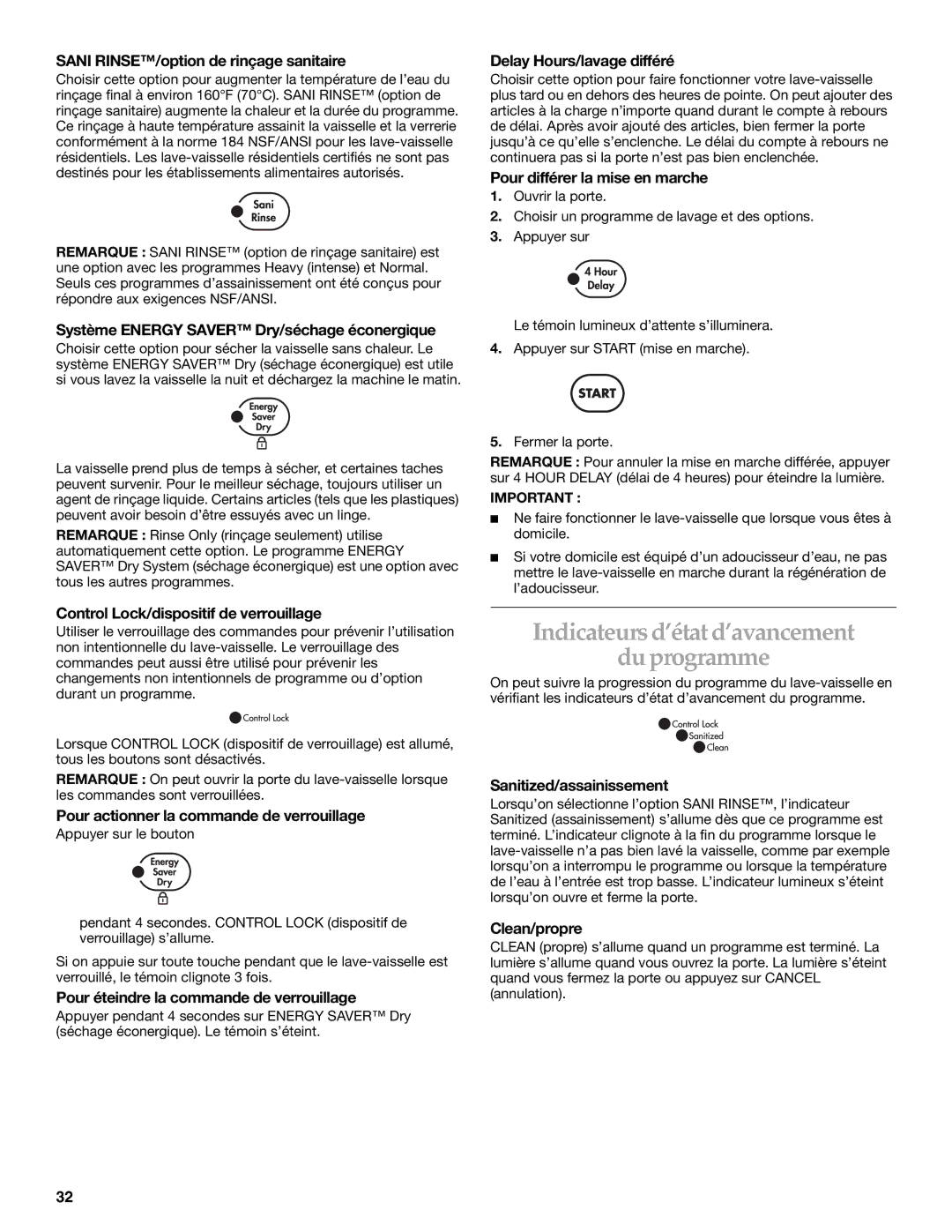 KitchenAid KUDP01FL manual Indicateurs d’état d’avancement Du programme 