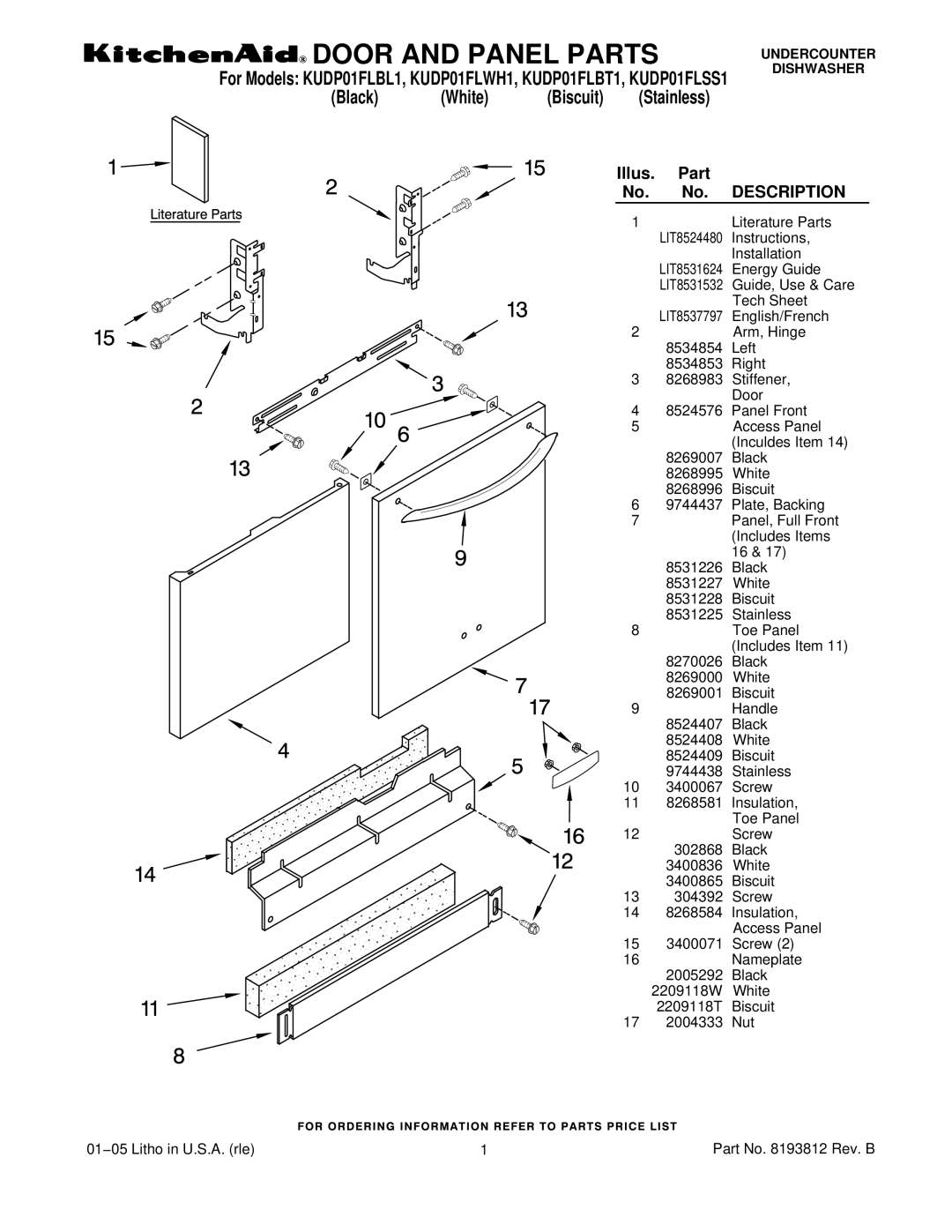 KitchenAid KUDP01FLWH1, KUDP01FLBT1, KUDP01FLBL1, KUDP01FLSS1 manual Door and Panel Parts 