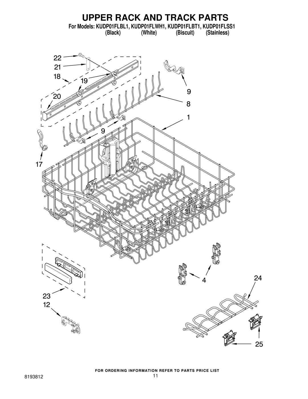 KitchenAid KUDP01FLSS1, KUDP01FLBT1, KUDP01FLWH1, KUDP01FLBL1 manual Upper Rack and Track Parts 