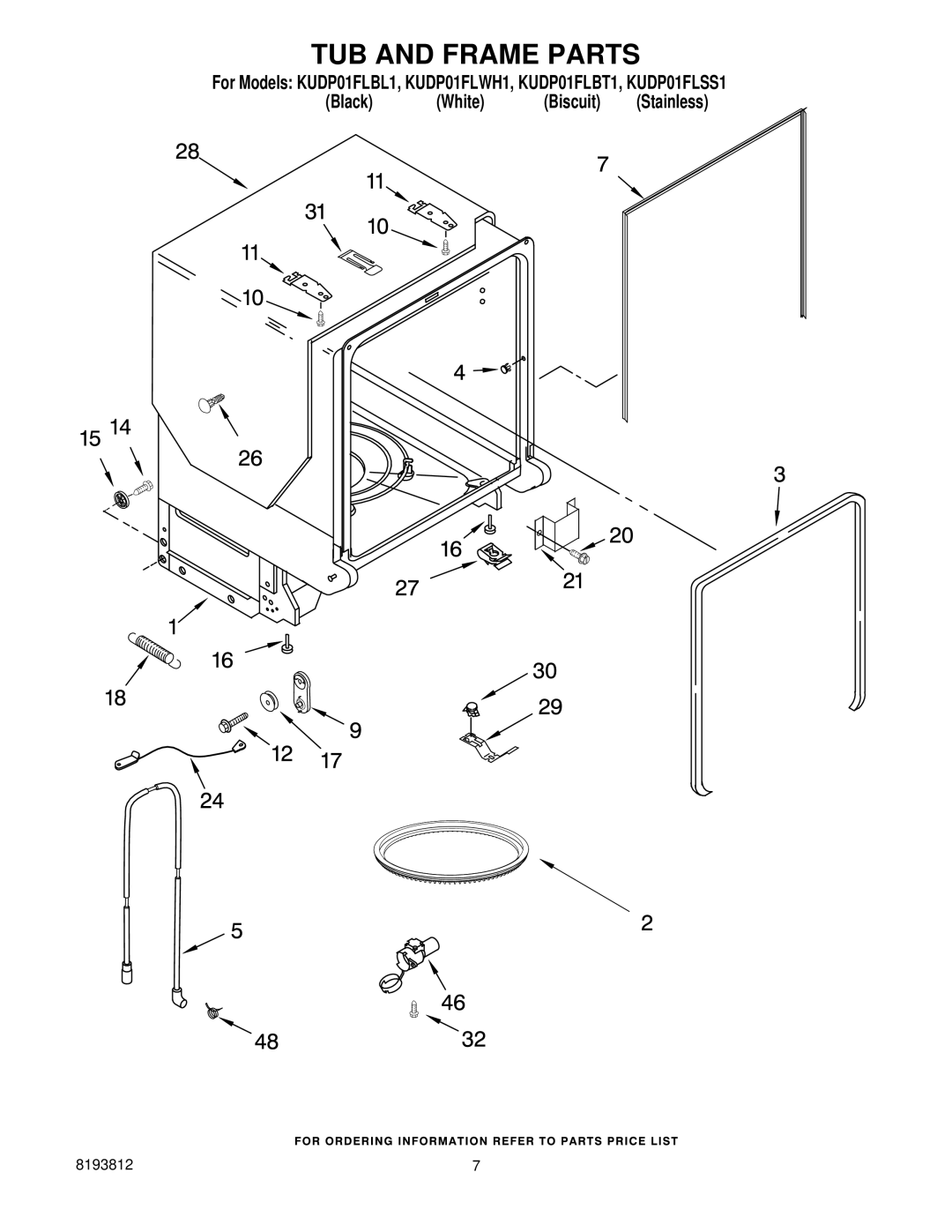 KitchenAid KUDP01FLSS1, KUDP01FLBT1, KUDP01FLWH1, KUDP01FLBL1 manual TUB and Frame Parts 