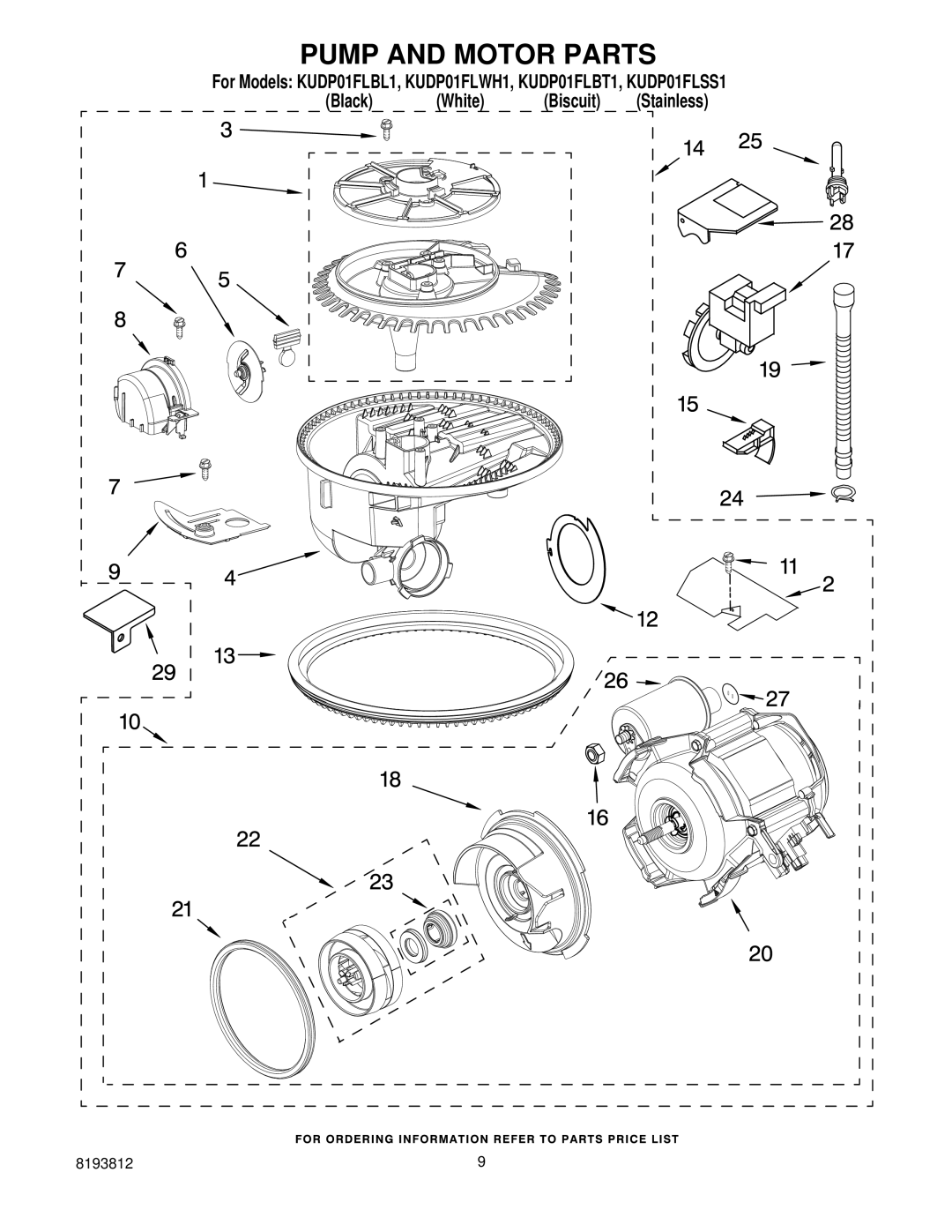 KitchenAid KUDP01FLWH1, KUDP01FLBT1, KUDP01FLBL1, KUDP01FLSS1 manual Pump and Motor Parts 