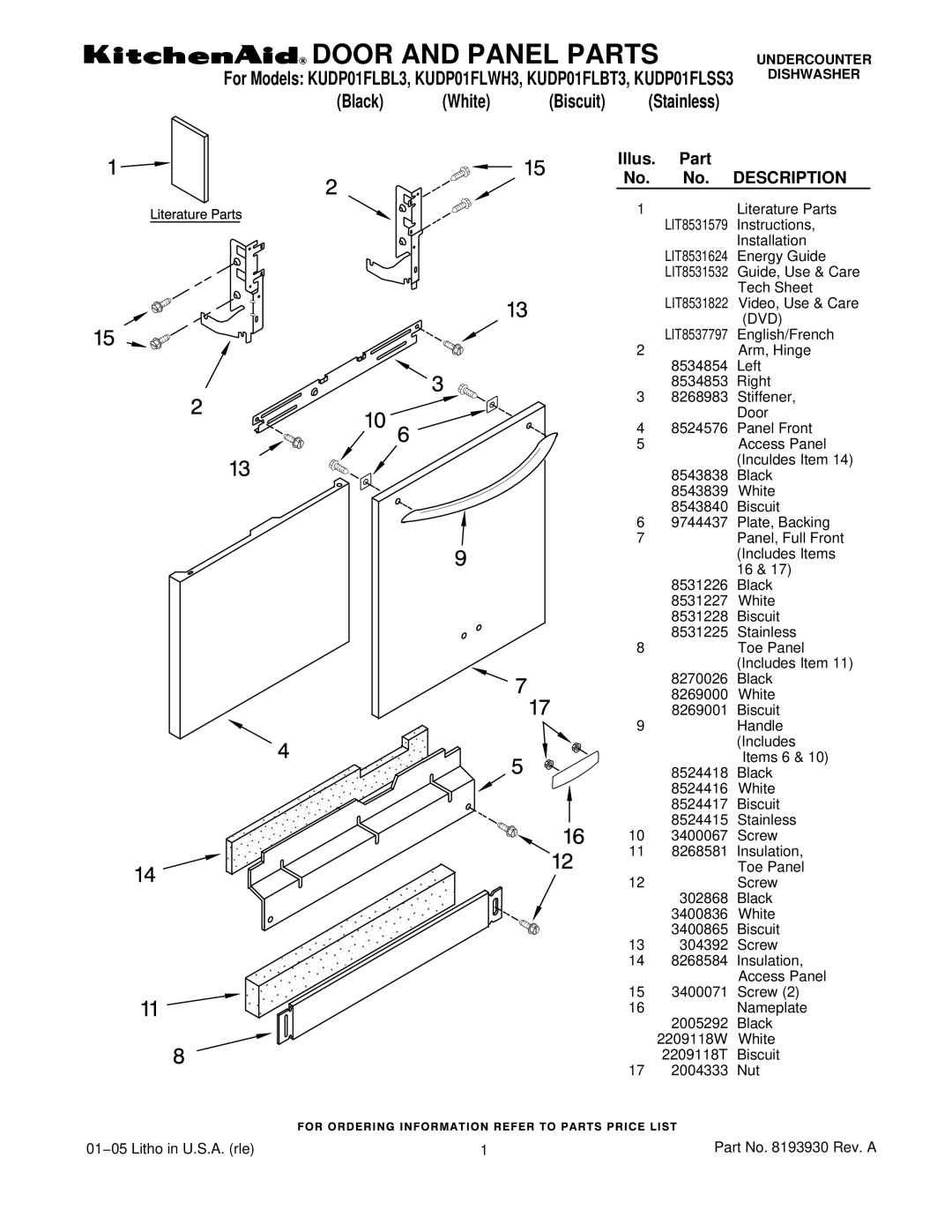 KitchenAid KUDP01FLSS3, KUDP01FLBT3, KUDP01FLBL3, KUDP01FLWH3 manual Door and Panel Parts, Illus. Part No. No. Description 