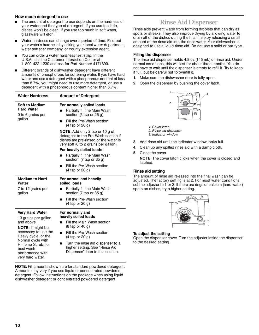 KitchenAid KUDP01TJ manual Rinse Aid Dispenser, How much detergent to use, Water Hardness, Rinse aid setting 