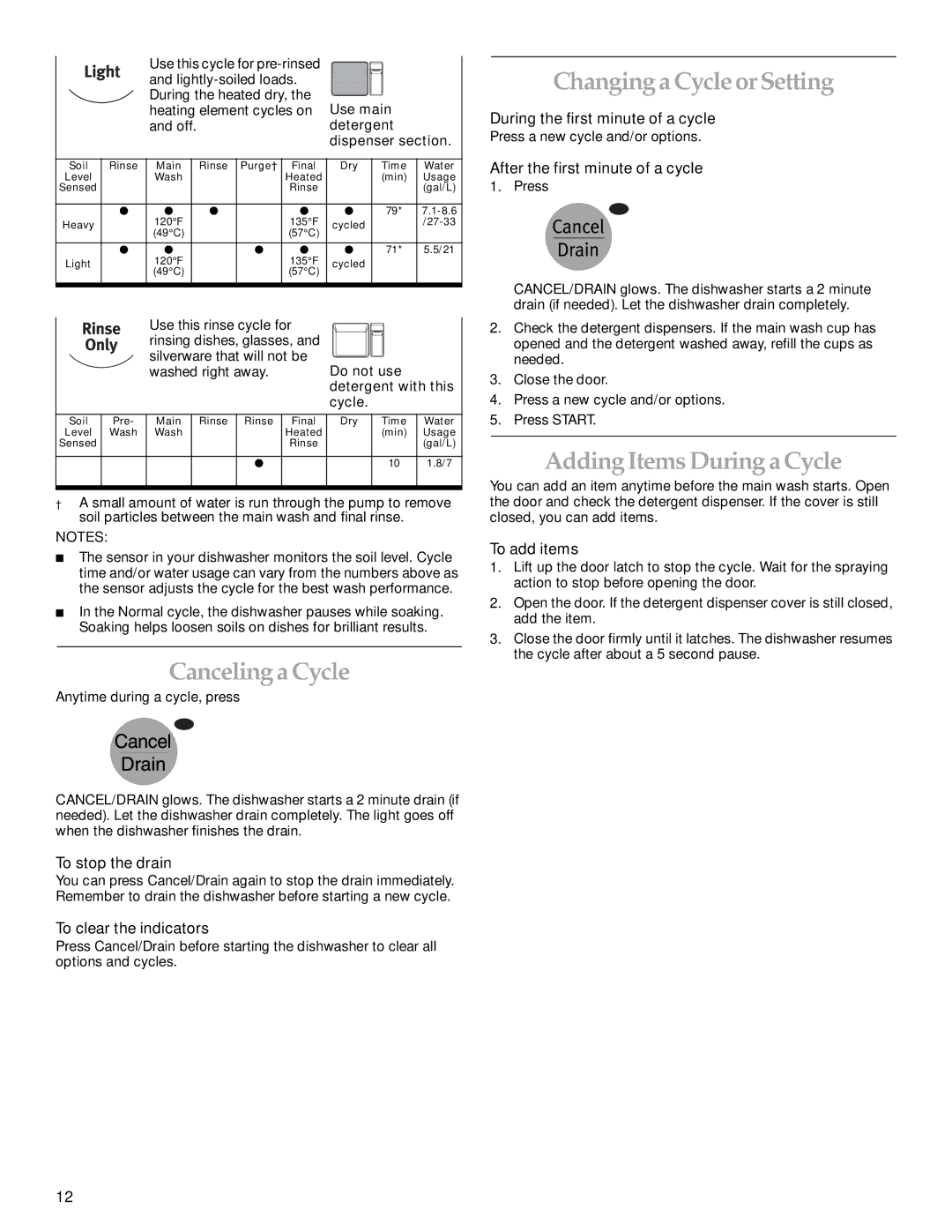 KitchenAid KUDP01TJ manual Canceling a Cycle, Changing a Cycle or Setting, Adding Items During a Cycle 