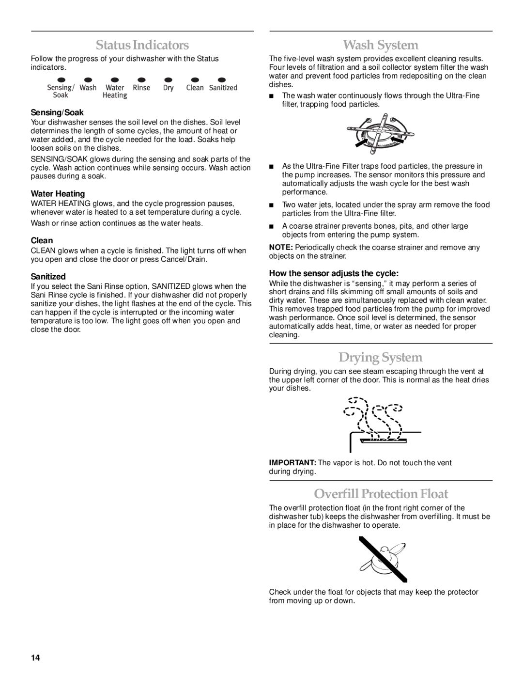 KitchenAid KUDP01TJ manual Status Indicators, Wash System, Drying System, Overfill Protection Float 